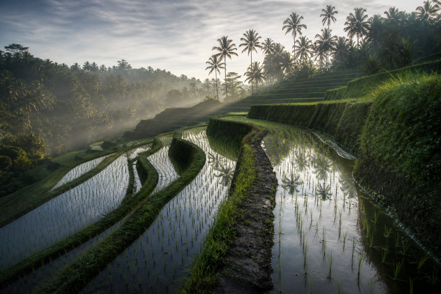 The terraces around Ubud are working farmland, and the paths between levels get slippery within minutes of rain.