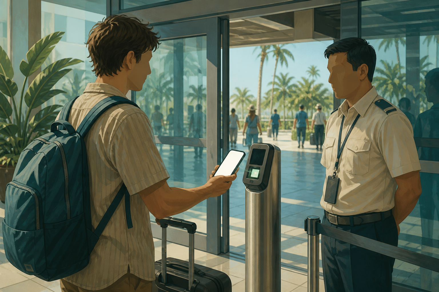 The levy is checked on the way out, separately from the visa counter. Illustration.