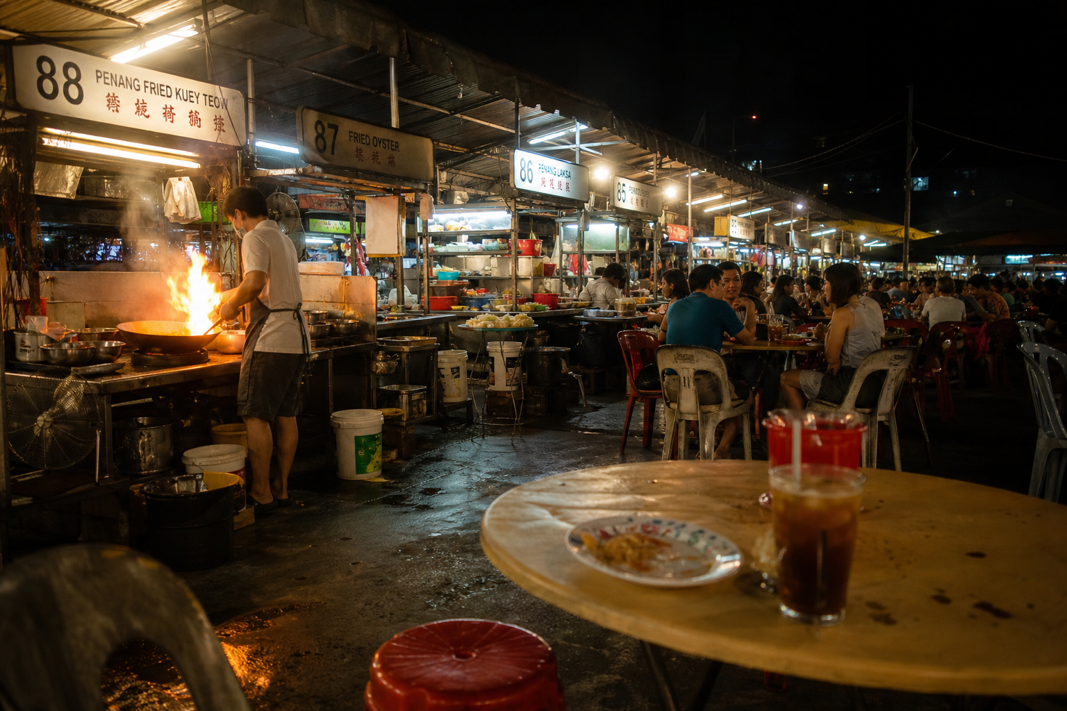 Most stalls open around five or six and the good ones sell out. The Kimberley Street char kway teow has often gone by six in the evening.