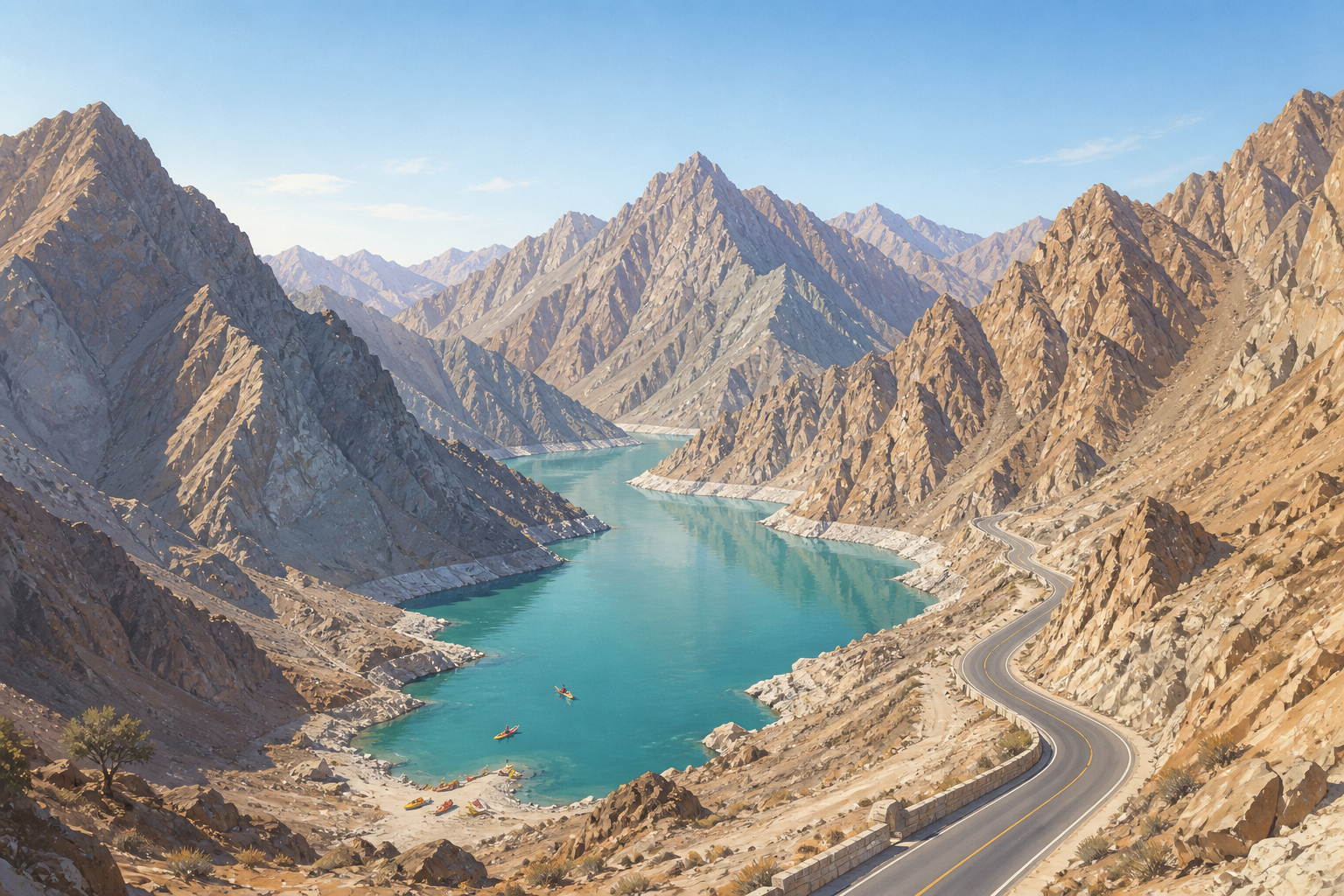 An illustration of the Hajar mountains, not a photograph of Hatta. The mountain resorts are the first Dubai venue back, on 28 September.