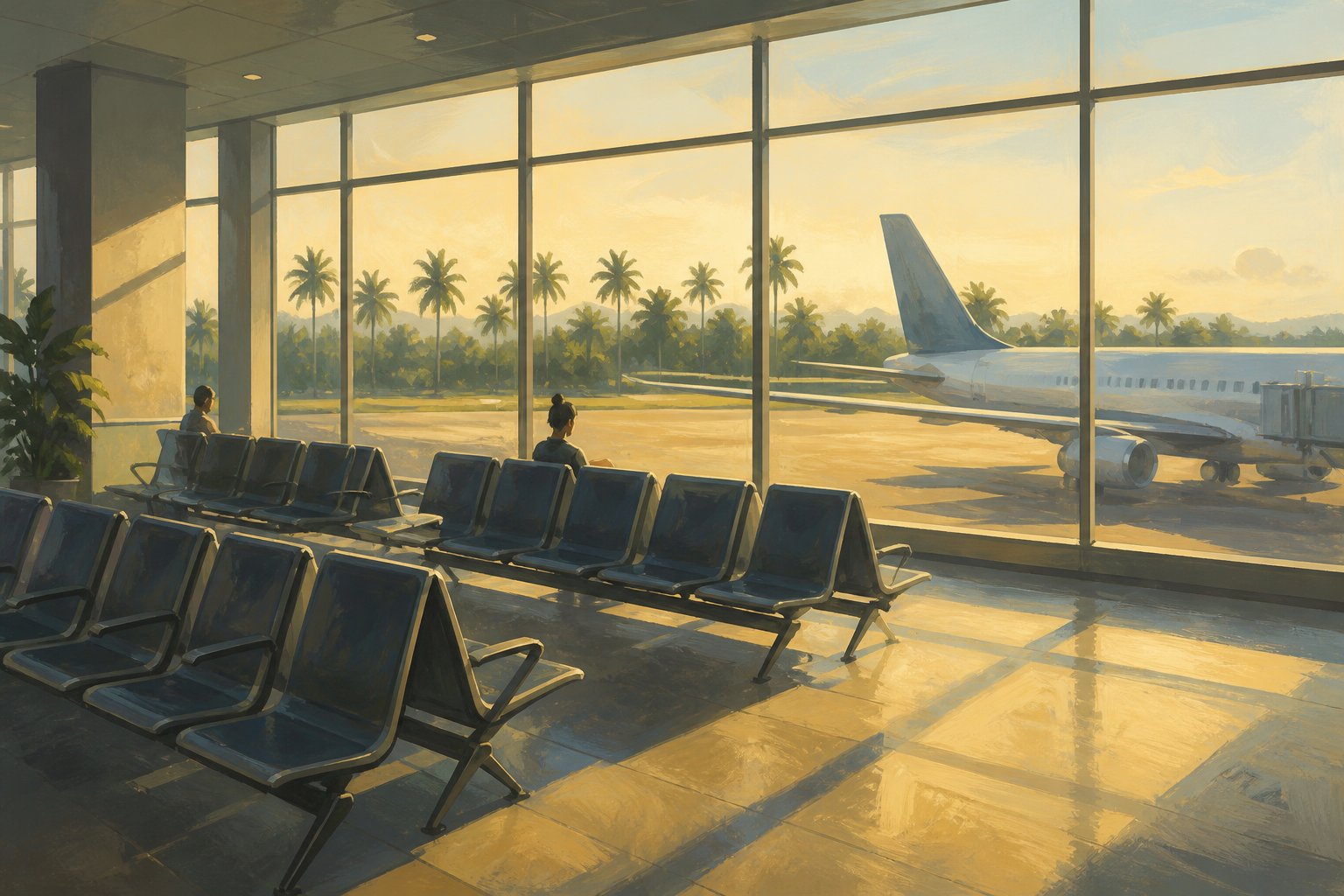 An illustration of a quiet departure gate, not a photograph of any particular airport. IndiGo's filings put the resumption date at 1 October.