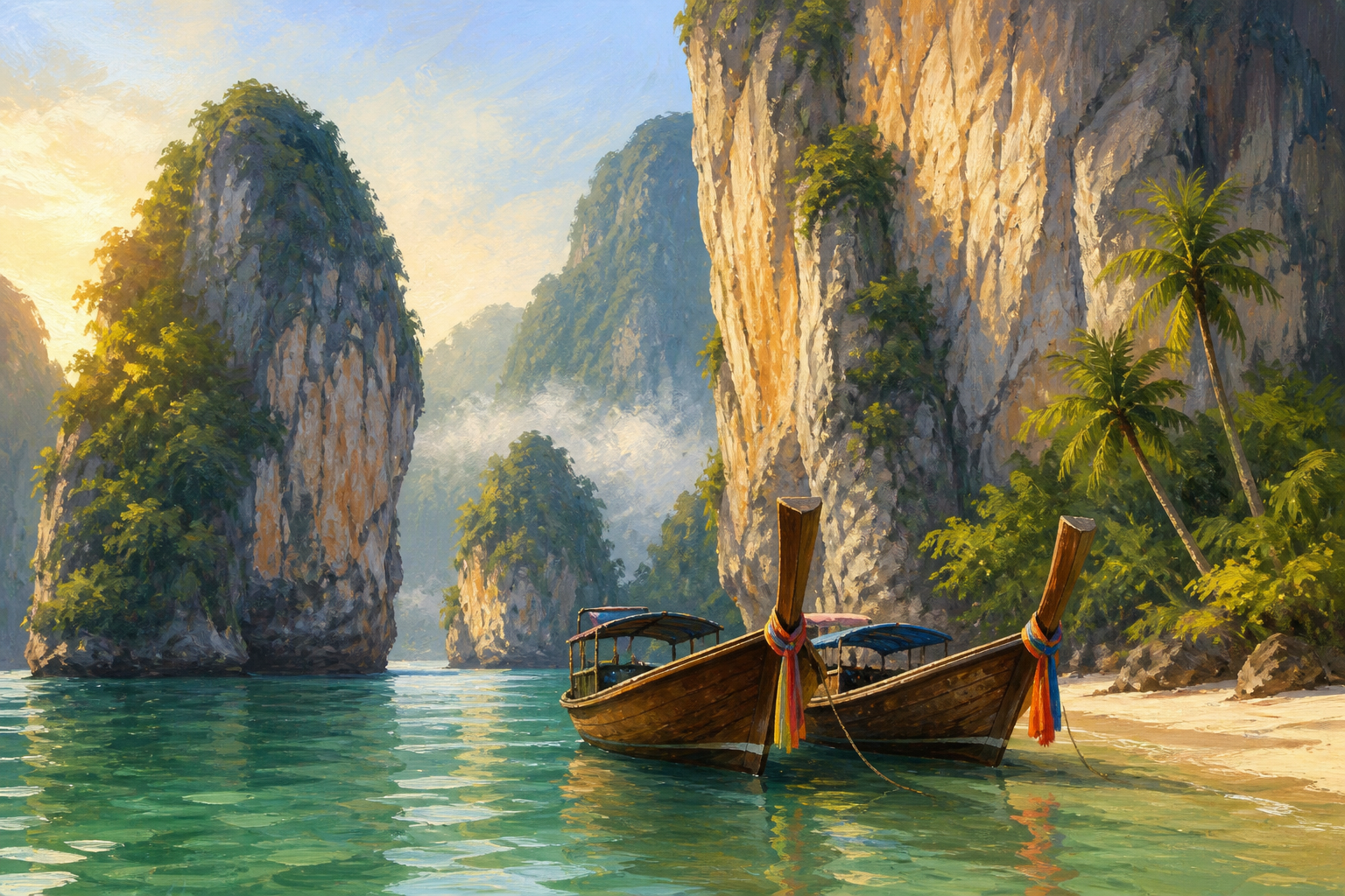 An illustration of a limestone bay in the Andaman Sea, not a photograph of Krabi. Delhi to Krabi is among the routes scheduled to restart on 1 October.
