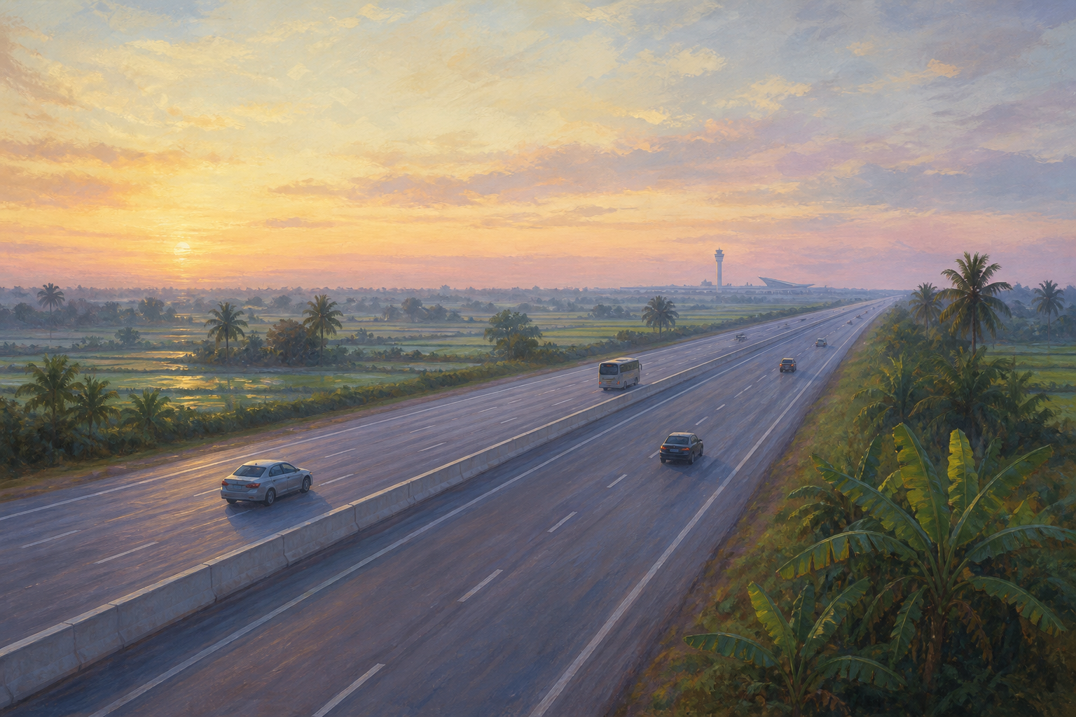 An illustration of the kind of expressway that links the new airport to the city, not a photograph of the route itself. The airport sits about 40 km east of Ho Chi Minh City.