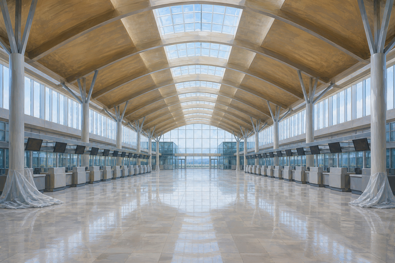 An illustration of a new and empty terminal hall, not a photograph of Long Thanh. ACV put the passenger terminal at a little over 77 per cent complete in early September.
