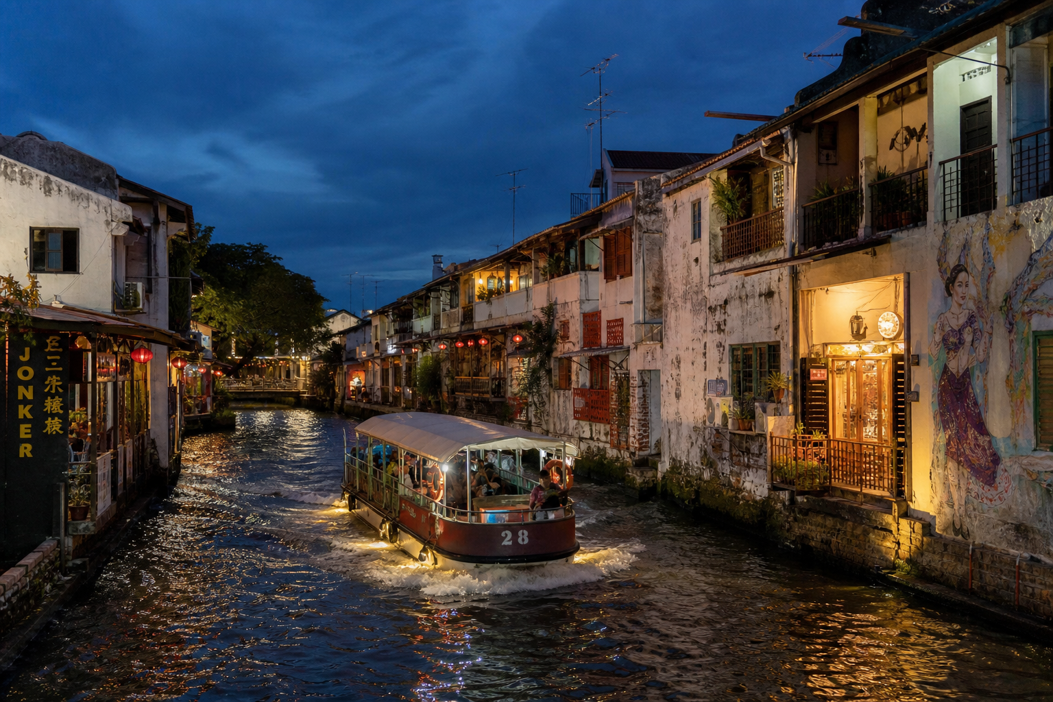 The river cruise is RM30 at the foreigner rate, covers about nine kilometres in 45 minutes, and sails until 11pm. Do it after dinner, not at two in the afternoon.