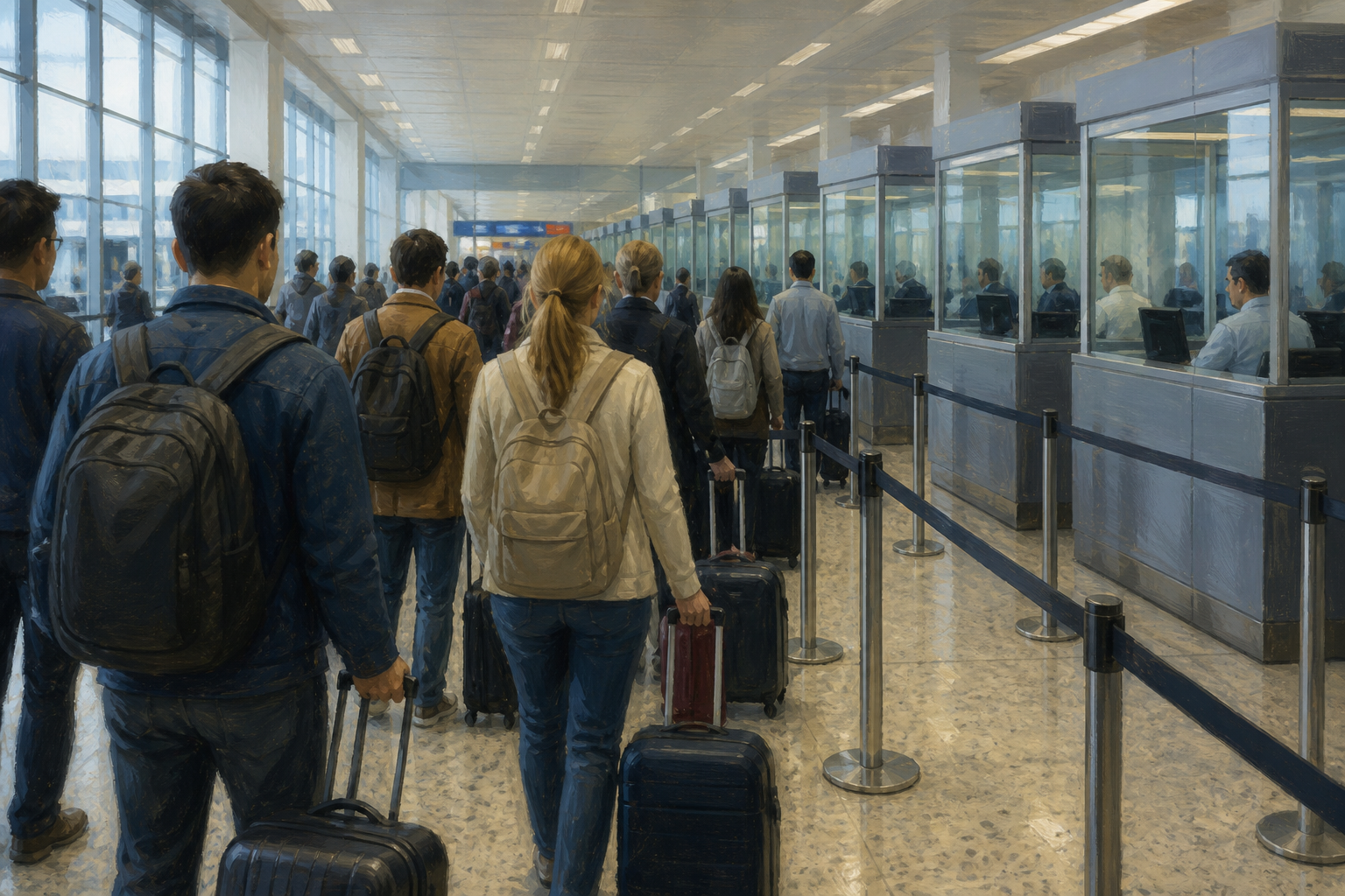 Passport control in an arrivals hall. An illustration, not a photograph of Thai immigration.
