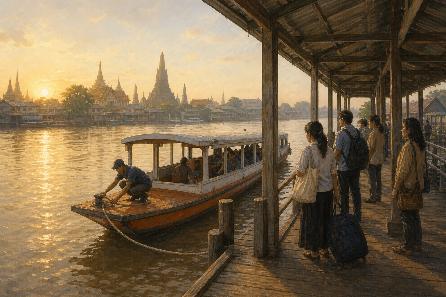 A river ferry pier at first light. The boats are the cheapest way across Bangkok and the only one the traffic cannot reach.