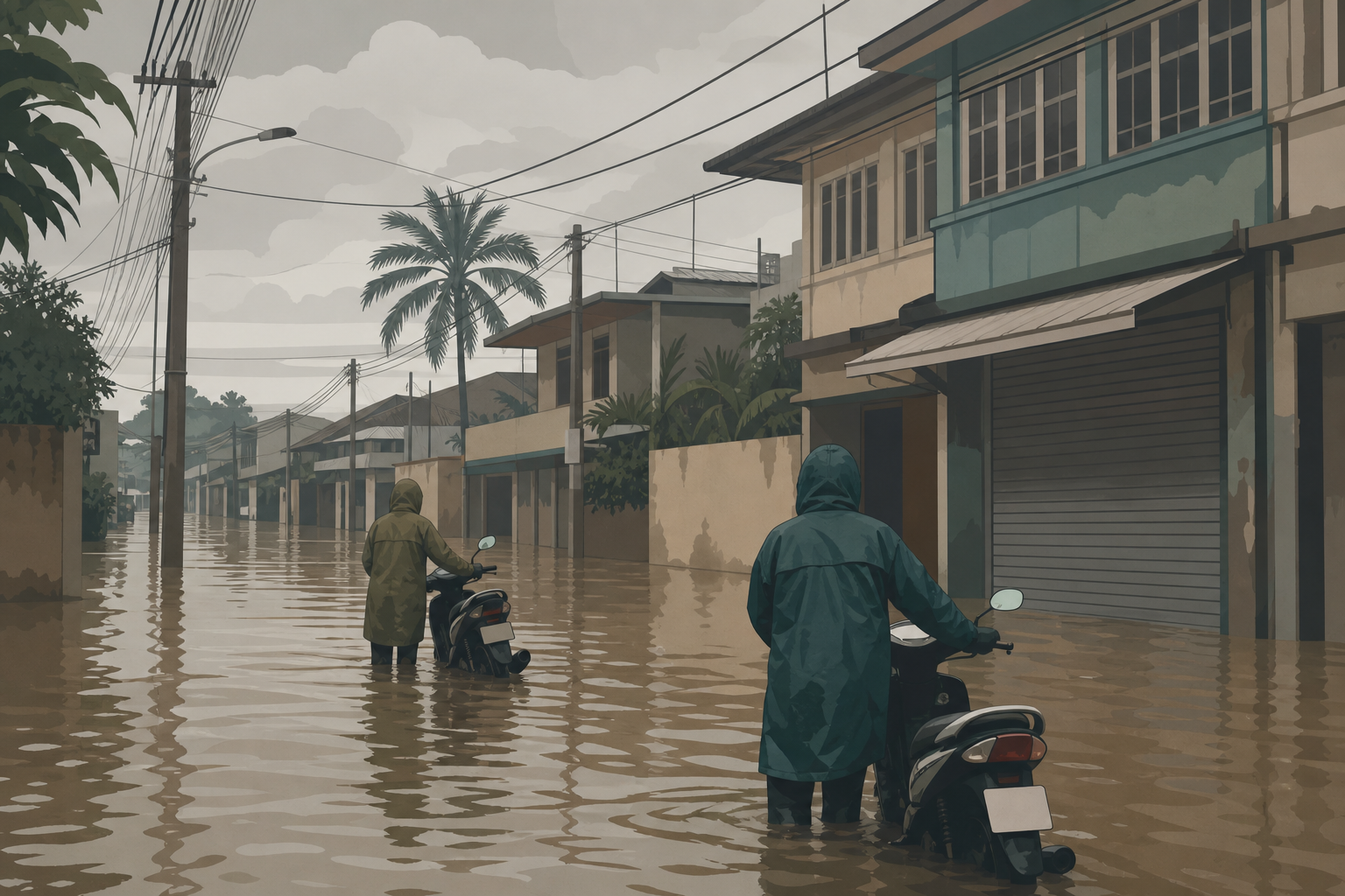 An illustration of the kind of street flooding reported in Bangkok's eastern districts. Not a photograph of any specific location.