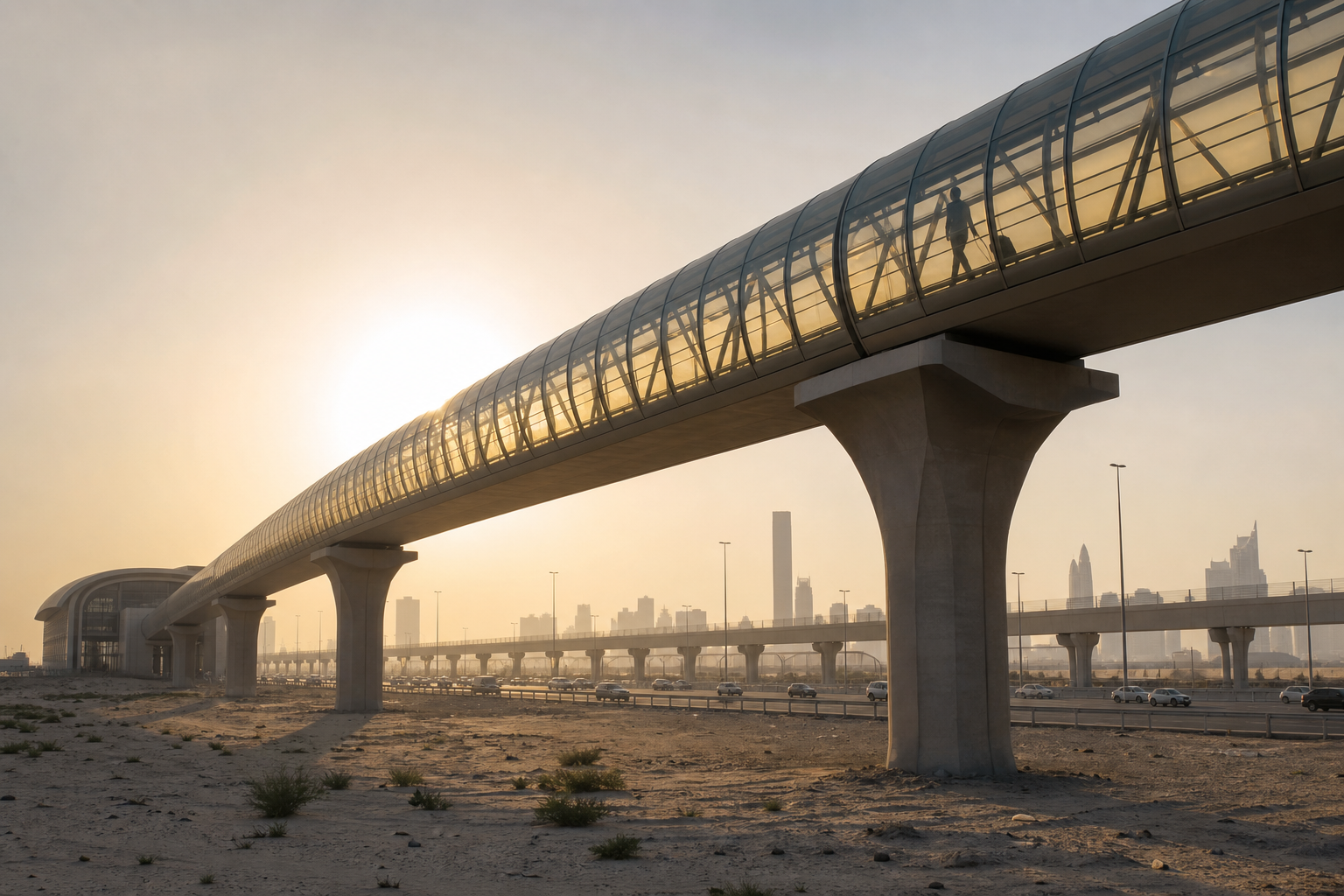 An illustration of the kind of walkway the Dubai station relies on. The metro connection is real, and it is still 400 metres on foot in Gulf heat.