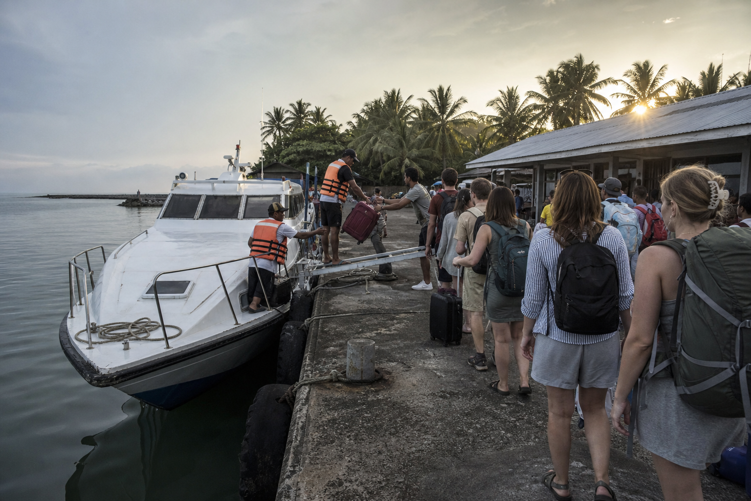 The 7am sailing. If the crew is loading bags onto the roof and nobody has handed you a life jacket, ask before you board.