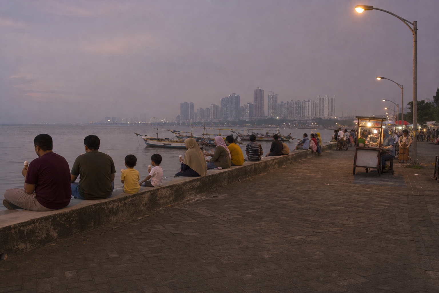 The north Jakarta seafront at closing time. Ancol's gate stays open until 11pm, long after the parks inside have shut.