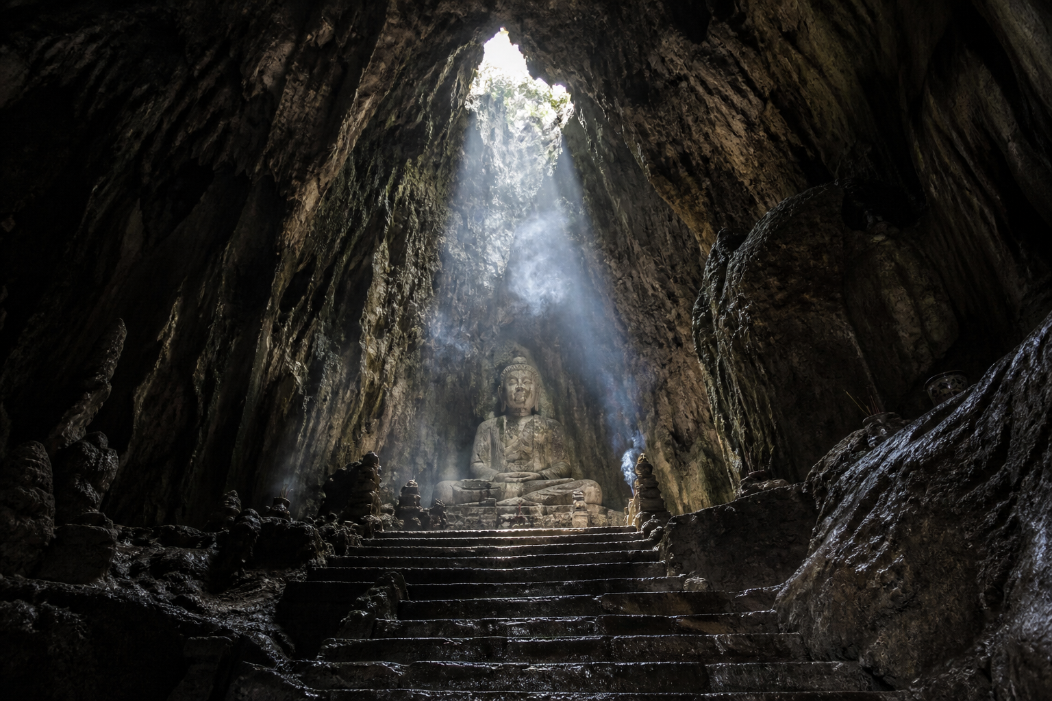 Huyen Khong cave, mid-morning. The light moves off the figure by about ten and does not come back until tomorrow.