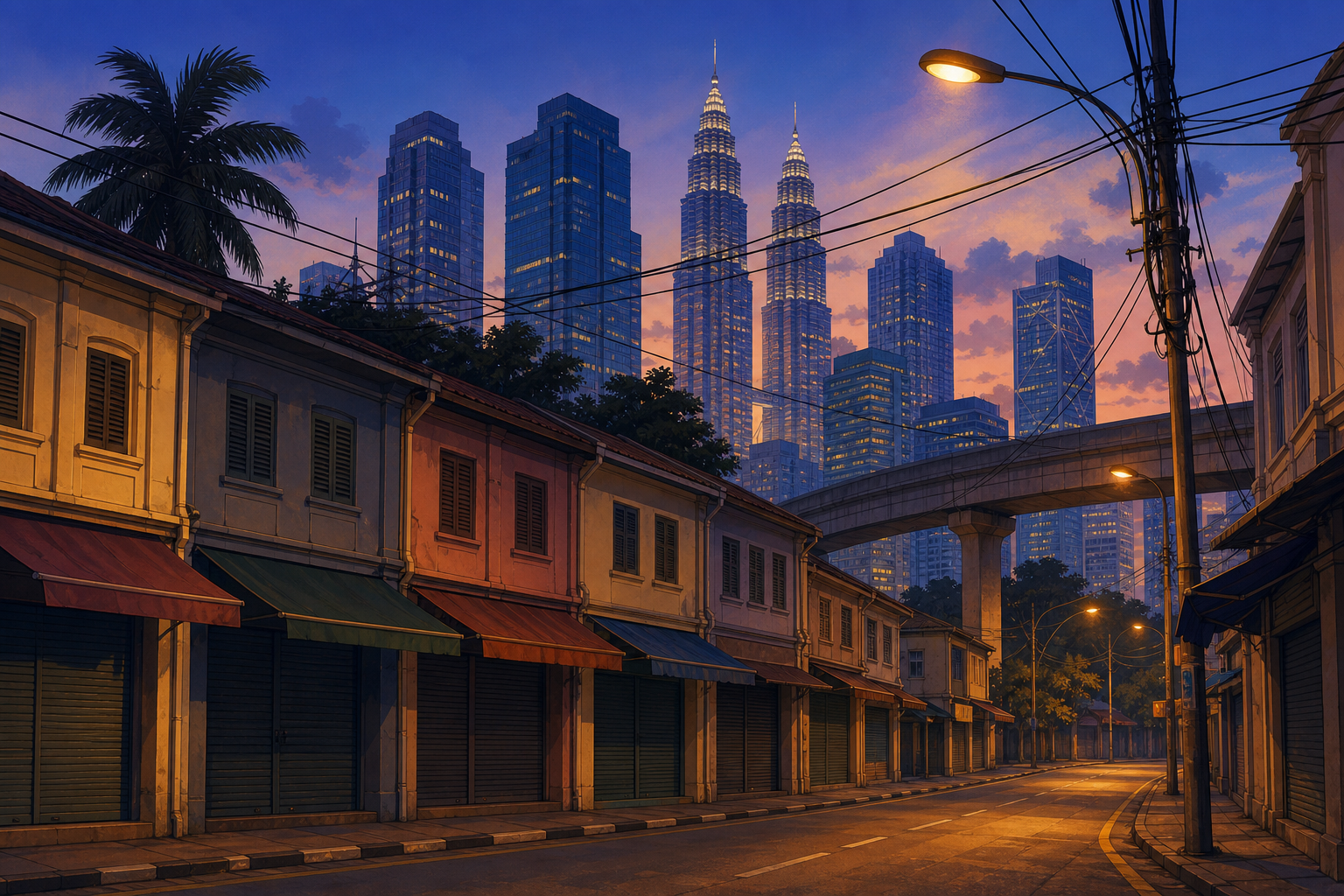 An illustration of a Kuala Lumpur street at dusk, not a photograph of a specific place. The city is small enough to work on the train.