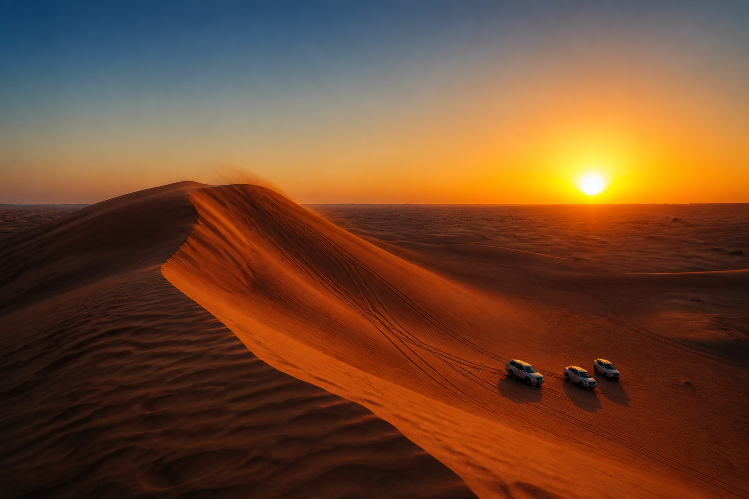 The hour that justifies the price. Pickups start around four because at two the sand surface is unwalkable.