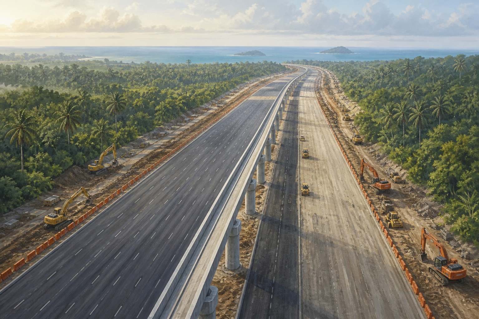 An illustration of a road and light rail corridor under construction, not a photograph of the Phu Quoc works.