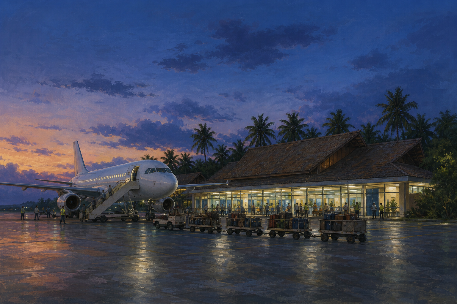 An illustration of a small island terminal at dusk. The Phu Quoc you fly into this winter is the old building, not the one in the renderings.