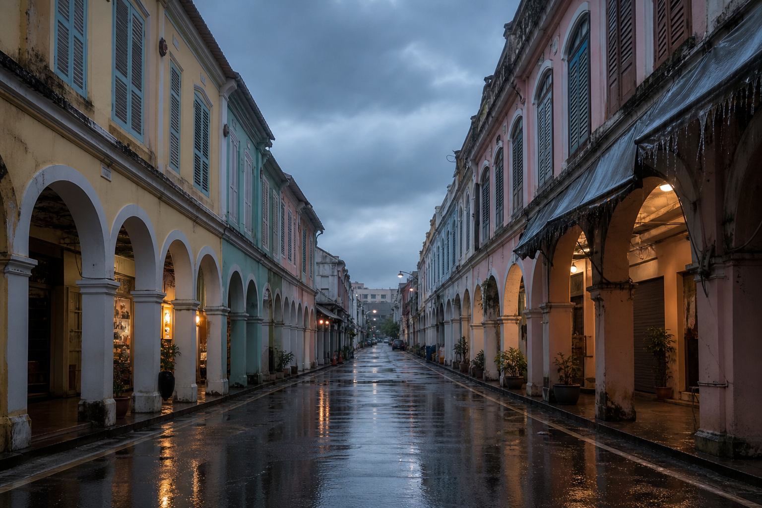 Thalang Road in Phuket Old Town. The shophouses look best twenty minutes after rain, which in October is most evenings.