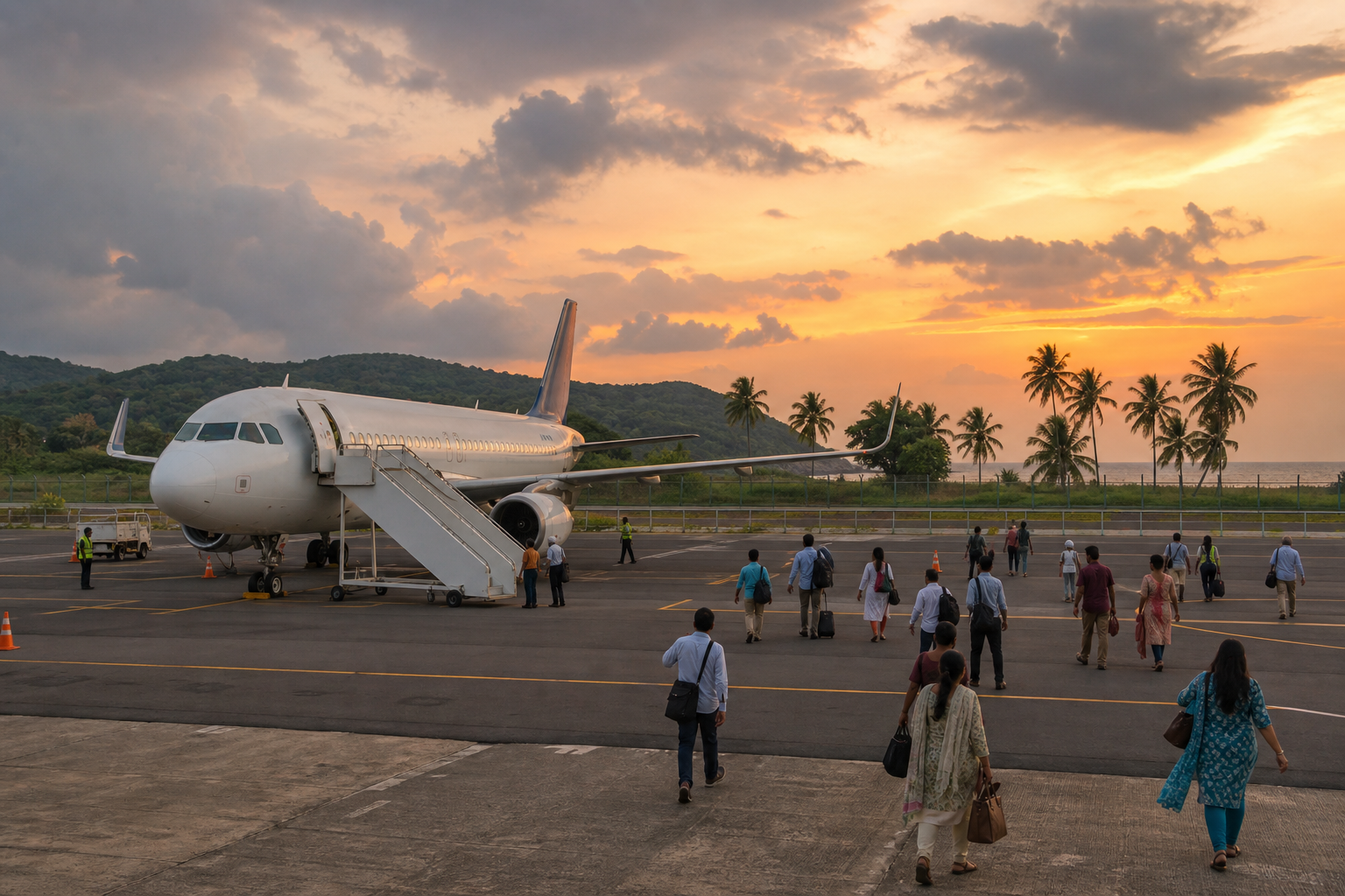 An illustration of a coastal Indian apron at dusk. Goa's two airports are about 60km apart and the booking page does not tell you which one you picked.