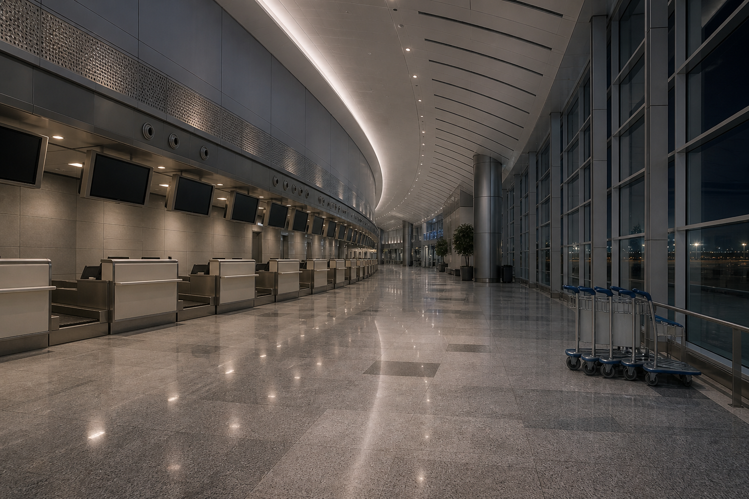 An illustration of a check-in hall at night. Most of these new routes leave or land in the small hours.