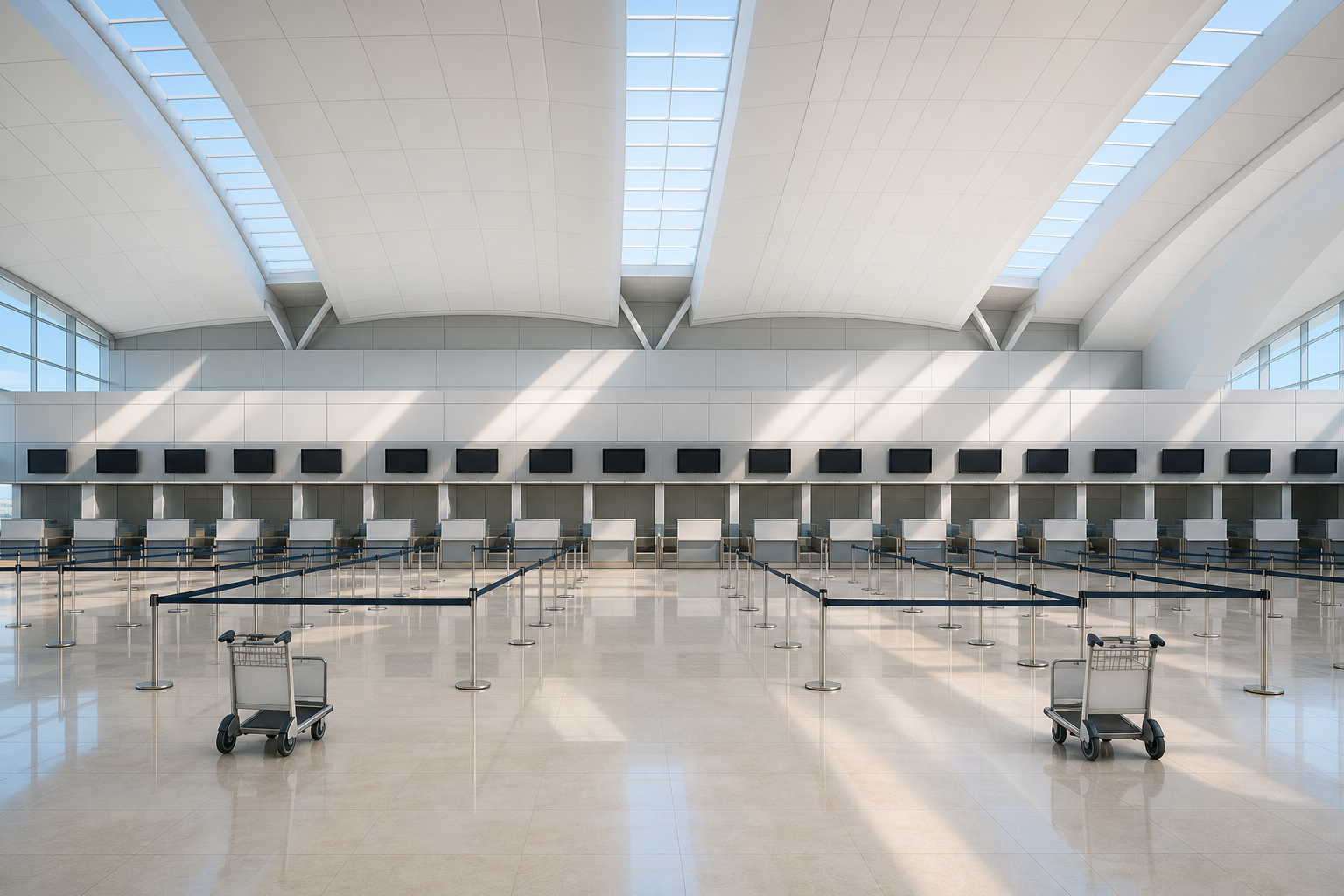 An illustration, not a photograph of either terminal. Navi Mumbai's international capacity is rated at about five million passengers a year and has barely been used.