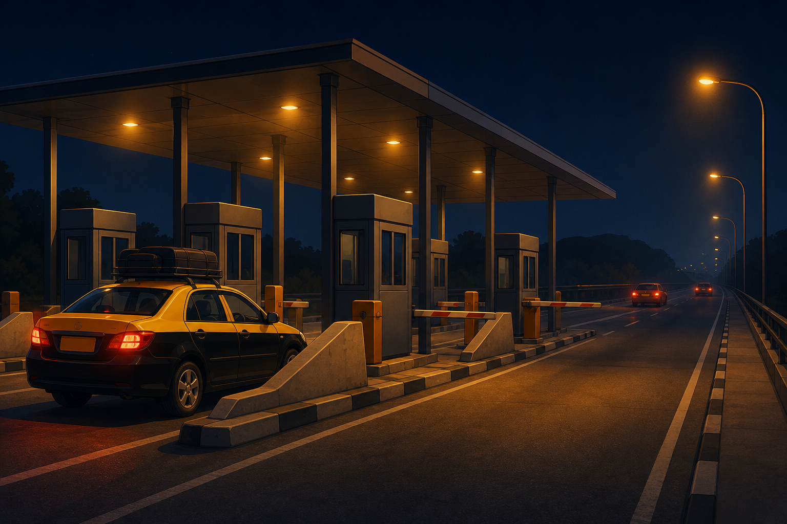 An illustration, not a photograph of the bridge. If your trip ends up split across both airports, the toll and the taxi are yours.